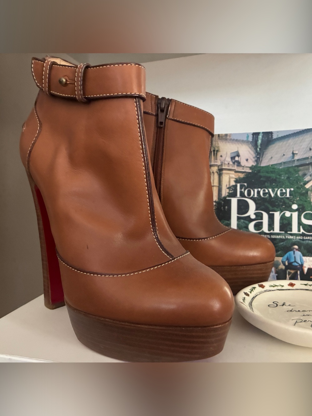 Christian Louboutin Tan Leather Platform Ankle Booties with Red Soles
